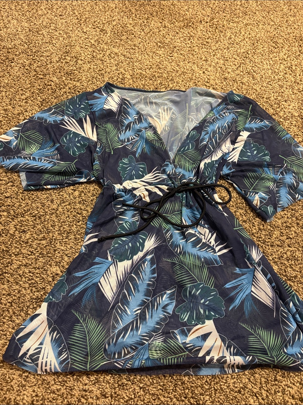 Navy Tropical Print Coverup with Tie Waist